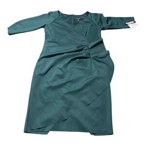 XSCAPE Dress Womens 22W Teal Ruched Faux Wrap V Neck 3/4 Sleeve Made in USA